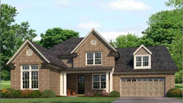 view of front facade with a garage, concrete driveway, and a front lawn