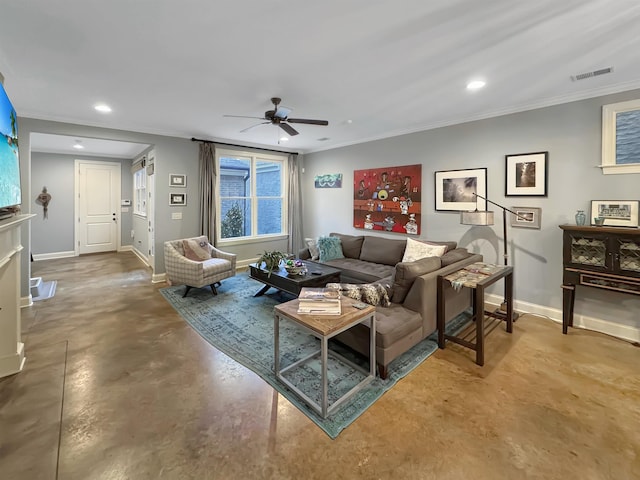 living room featuring crown molding, recessed lighting, visible vents, concrete floors, and baseboards