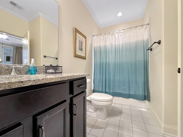 bathroom with shower / tub combo, visible vents, crown molding, and vanity