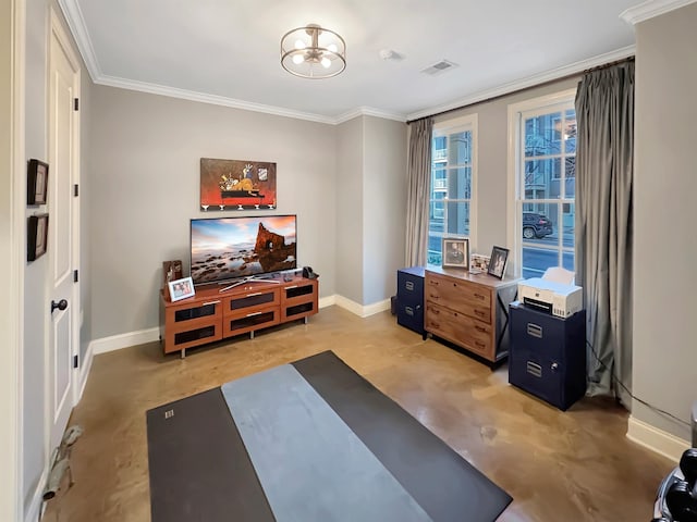 interior space featuring visible vents, crown molding, baseboards, and an inviting chandelier