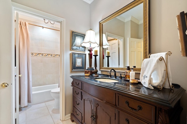 full bath featuring shower / bath combo, toilet, ornamental molding, tile patterned floors, and vanity