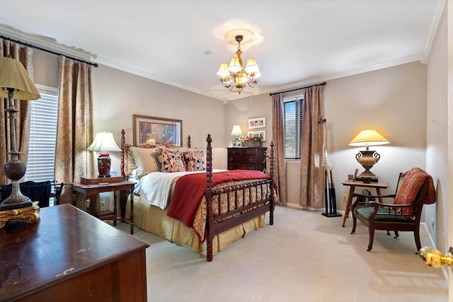 bedroom featuring ornamental molding, light carpet, a notable chandelier, and baseboards