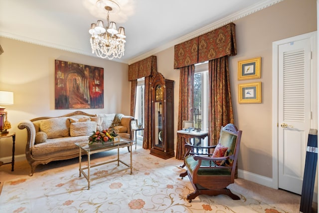 sitting room with light colored carpet, a notable chandelier, crown molding, and baseboards