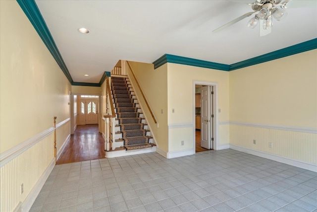 962 E Riverwalk Dr E, Memphis, TN 38120 - empty room with recessed lighting, ornamental molding, wainscoting, ceiling fan, and stairs