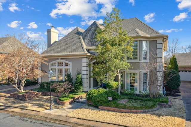 view of front of property with roof with shingles, a chimney, and stucco siding