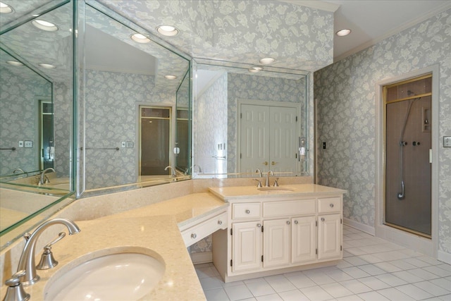 962 E Riverwalk Dr E, Memphis, TN 38120 - full bath featuring ornamental molding, a shower stall, vanity, and wallpapered walls
