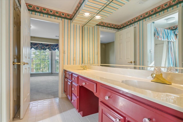 962 E Riverwalk Dr E, Memphis, TN 38120 - full bath featuring double vanity, tile patterned floors, a sink, and wallpapered walls
