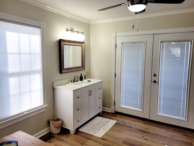 bathroom featuring wood finished floors, vanity, baseboards, ornamental molding, and french doors