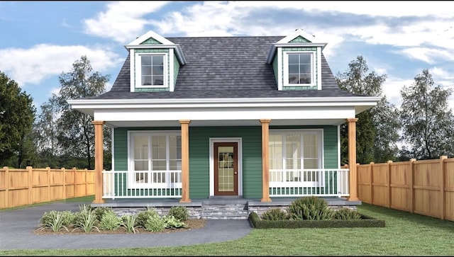 cape cod-style house with a porch, roof with shingles, fence, and a front lawn