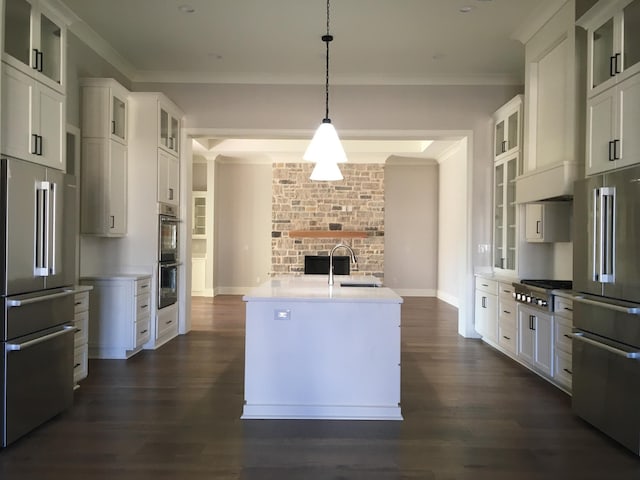 kitchen featuring white cabinets, glass insert cabinets, appliances with stainless steel finishes, decorative light fixtures, and premium range hood