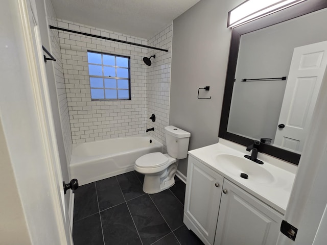 full bathroom with toilet, tub / shower combination, tile patterned flooring, and vanity