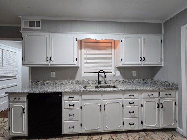 kitchen with black dishwasher, a sink, visible vents, and white cabinets