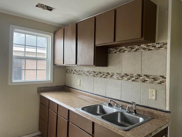 kitchen with crown molding, a sink, and backsplash