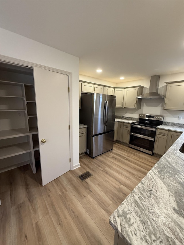 kitchen with light wood-style flooring, visible vents, wall chimney range hood, appliances with stainless steel finishes, and gray cabinets