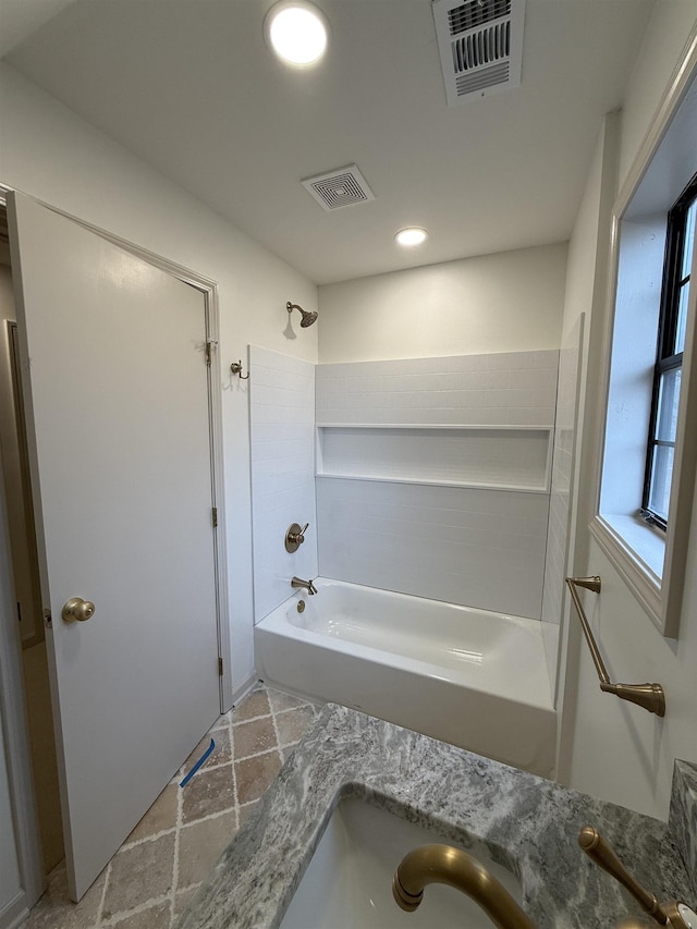 full bath featuring shower / tub combination, vanity, visible vents, and recessed lighting