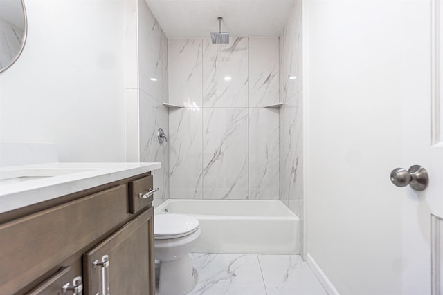 bathroom with marble finish floor, toilet, a combined bath / shower with rainfall shower, vanity, and baseboards