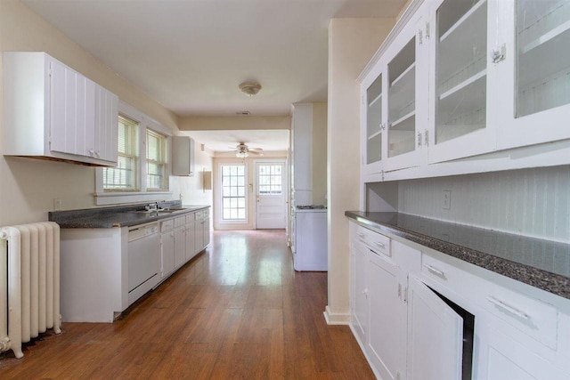 kitchen with radiator heating unit, white cabinetry, and dishwasher