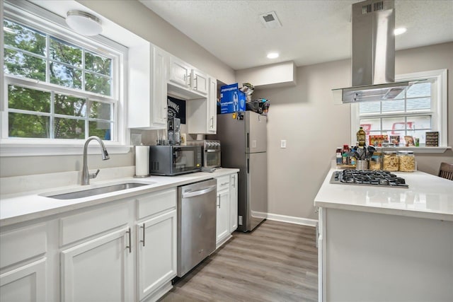 kitchen featuring island range hood, stainless steel appliances, light countertops, white cabinetry, and a sink