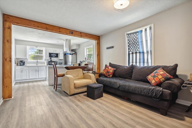 living room featuring light wood-style floors and a textured ceiling