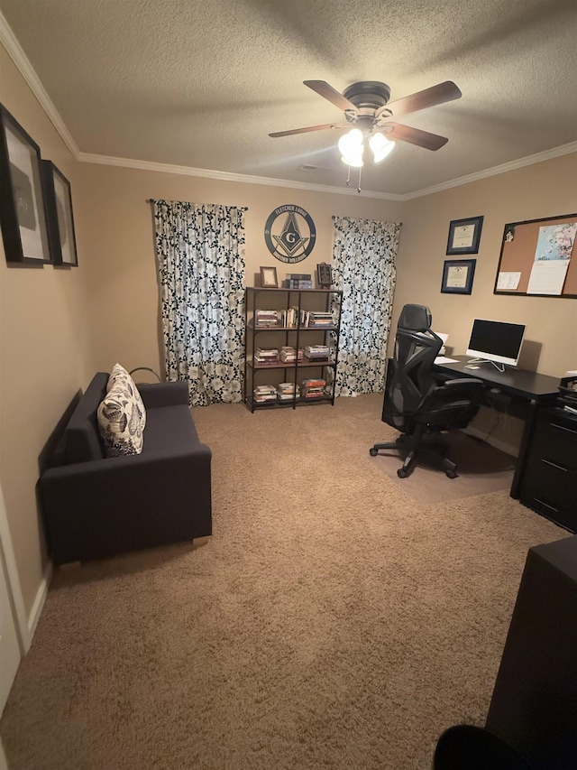 office with crown molding, a textured ceiling, ceiling fan, and carpet flooring