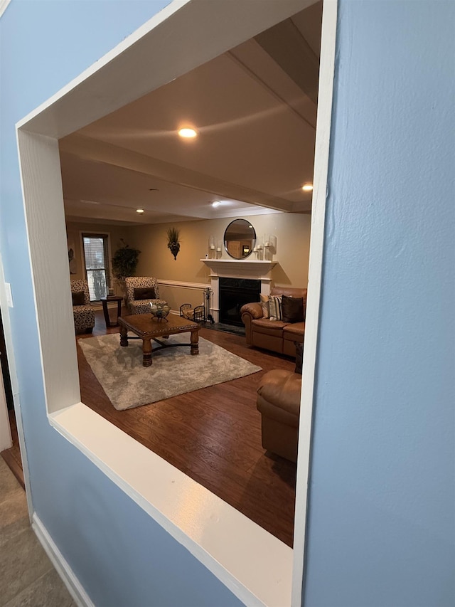 living room with a fireplace, wood finished floors, and recessed lighting