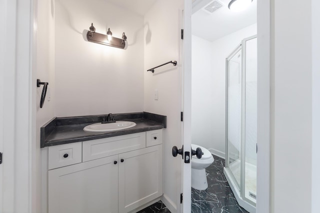 bathroom with a stall shower, visible vents, toilet, marble finish floor, and vanity