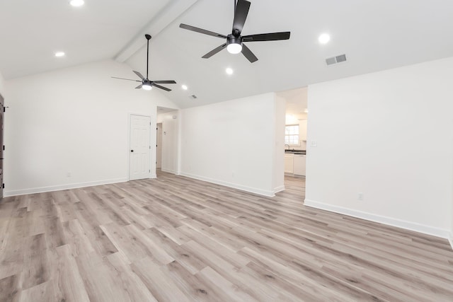 unfurnished living room featuring beam ceiling, visible vents, baseboards, and light wood finished floors