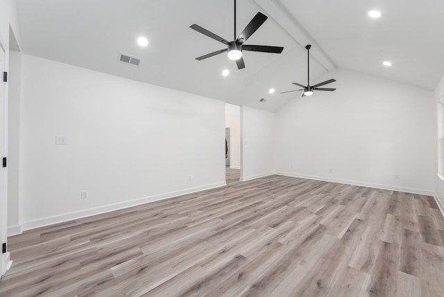 empty room with lofted ceiling with beams, light wood-style flooring, visible vents, and baseboards