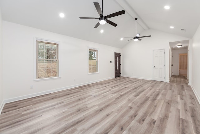 unfurnished living room with visible vents, baseboards, beam ceiling, light wood finished floors, and attic access