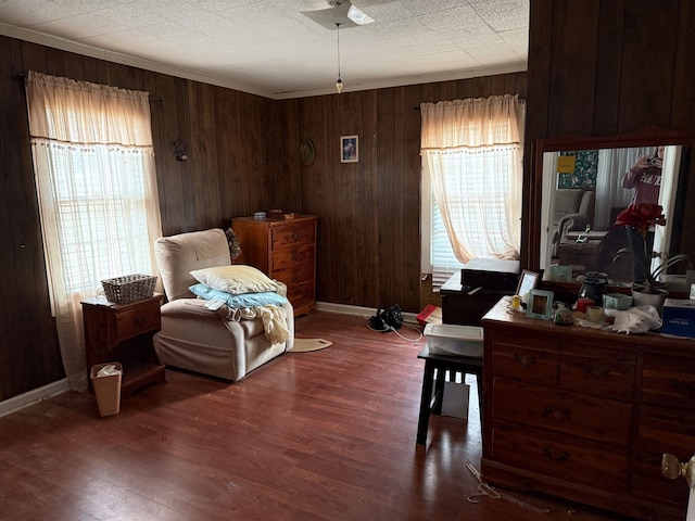 living area with wooden walls, baseboards, and dark wood-type flooring