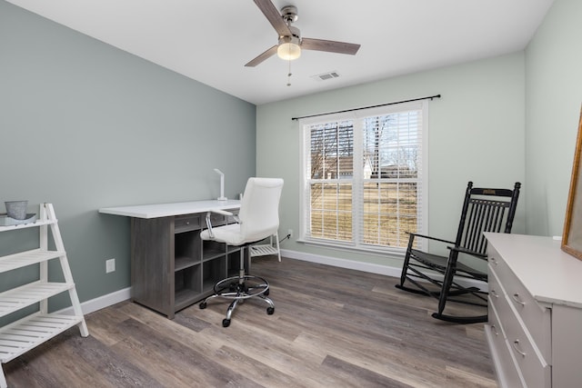 office area featuring visible vents, ceiling fan, baseboards, and wood finished floors