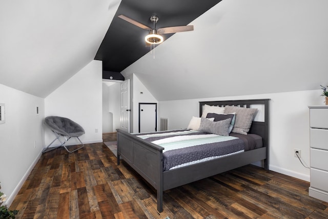 bedroom featuring dark wood-style floors, ceiling fan, lofted ceiling, and visible vents