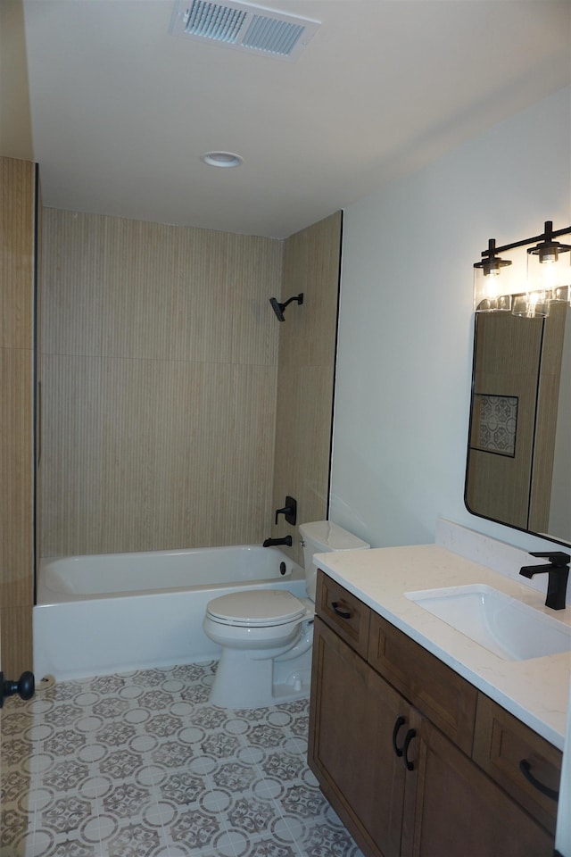 full bathroom featuring bathtub / shower combination, visible vents, toilet, vanity, and tile patterned floors