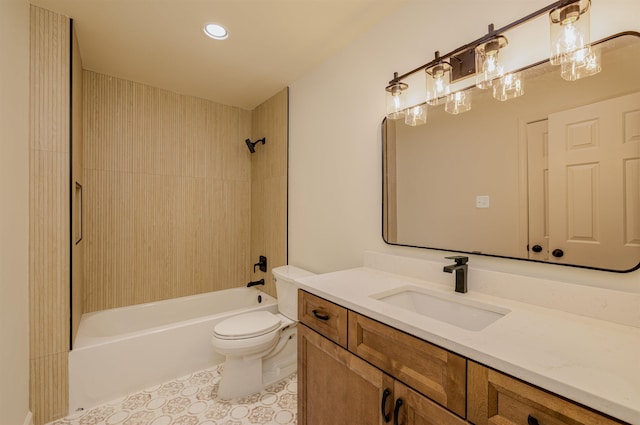 bathroom with tile patterned flooring, bathing tub / shower combination, vanity, and toilet