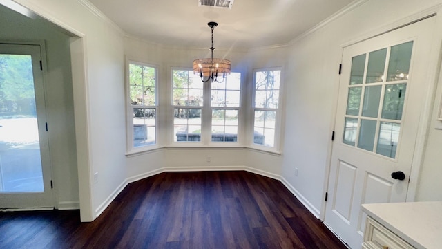 unfurnished dining area with baseboards, dark wood-style flooring, an inviting chandelier, and crown molding