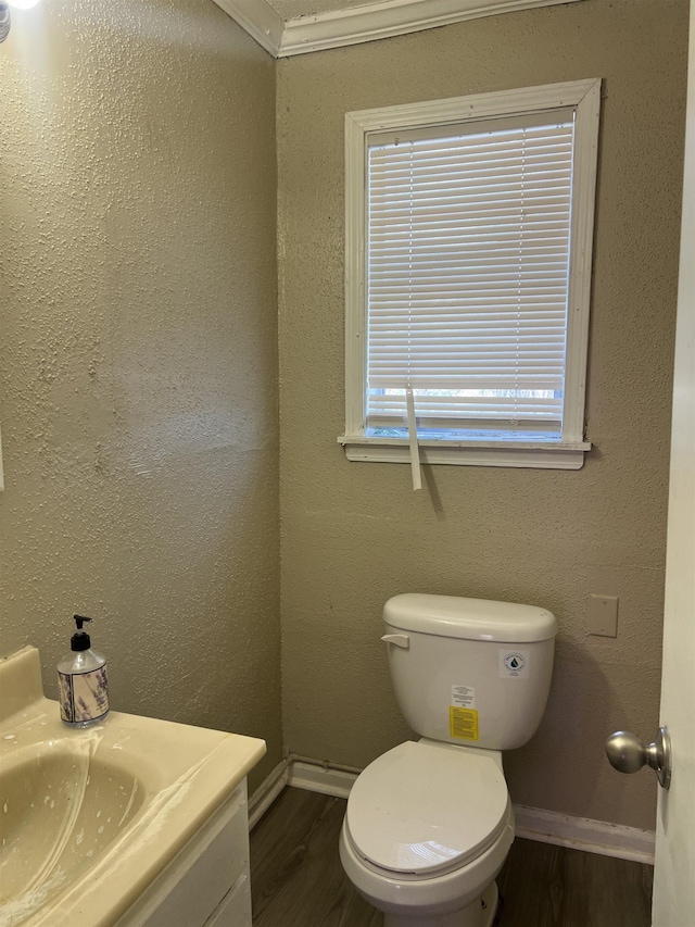 bathroom with baseboards, a textured wall, toilet, wood finished floors, and vanity