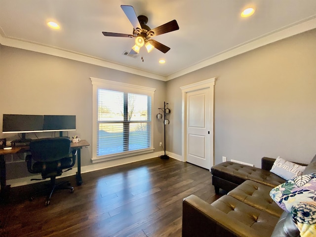 office space with baseboards, dark wood-style floors, ceiling fan, crown molding, and recessed lighting