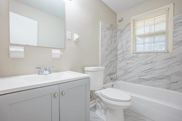 full bathroom with shower / bathtub combination, a textured ceiling, toilet, vanity, and marble finish floor