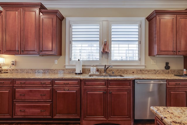 kitchen featuring reddish brown cabinets, light stone counters, crown molding, a sink, and dishwasher