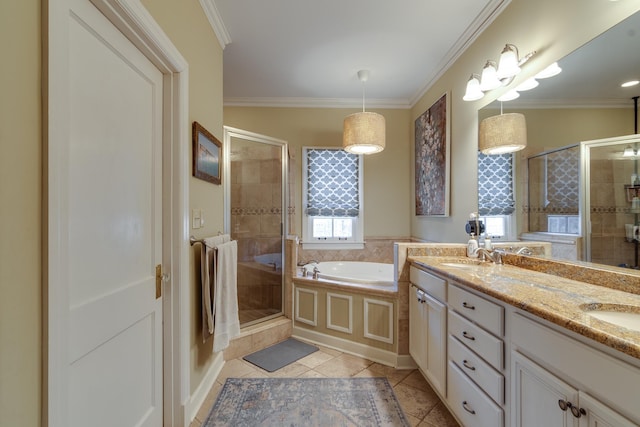 bathroom featuring ornamental molding, tile patterned flooring, a shower stall, and double vanity