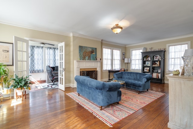 living area featuring dark wood-style floors, ornamental molding, a fireplace, and baseboards