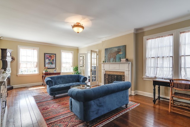 living room featuring ornamental molding, dark wood-type flooring, a fireplace, and baseboards