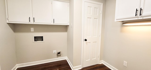 laundry area featuring washer hookup, baseboards, cabinet space, dark wood-style floors, and electric dryer hookup