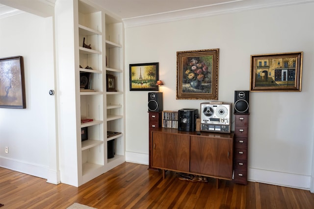 home office featuring baseboards, ornamental molding, and dark wood-type flooring