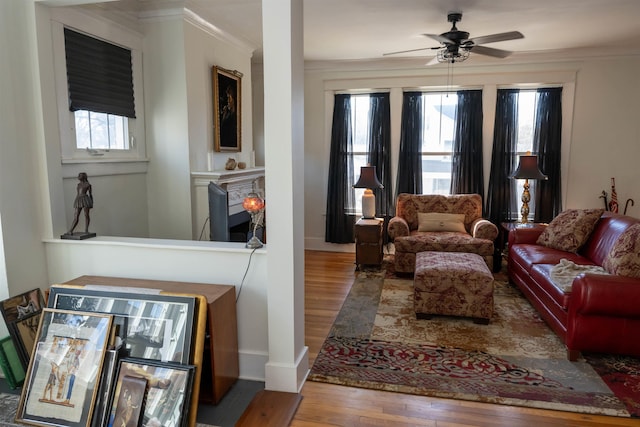 living room featuring baseboards, a fireplace, wood finished floors, and crown molding