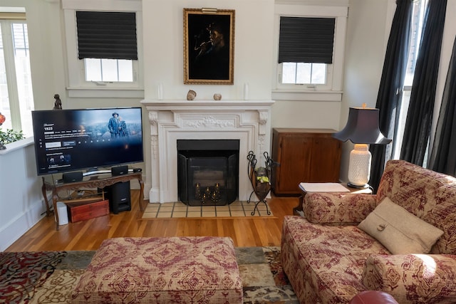 living room featuring a fireplace with flush hearth, wood finished floors, and baseboards