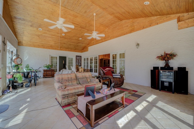 living room with light tile patterned floors, high vaulted ceiling, and wooden ceiling