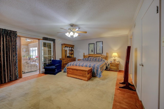 bedroom with access to outside, carpet flooring, crown molding, and a textured ceiling