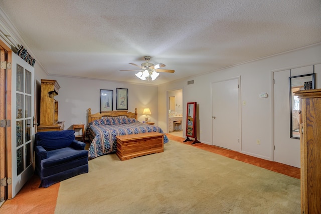 bedroom with light colored carpet, visible vents, crown molding, and a textured ceiling