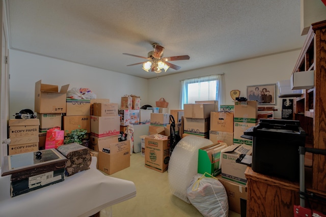 storage area featuring a ceiling fan